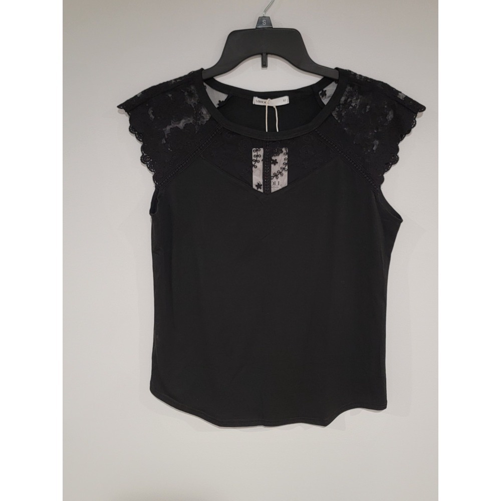 Miholl Women's Blouse Top Pullover Lace Trim Sleeveless Black Size M